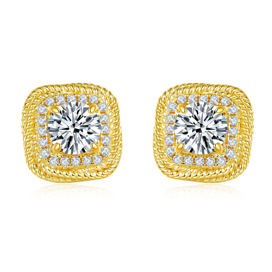 S925 Sterling Silver Gold Plated Cushion Stud Earrings, 6.5mm D-VVS1 Moissanite, Rope Edge Halo Design, 5.4g Women's Jewelry Gift Box