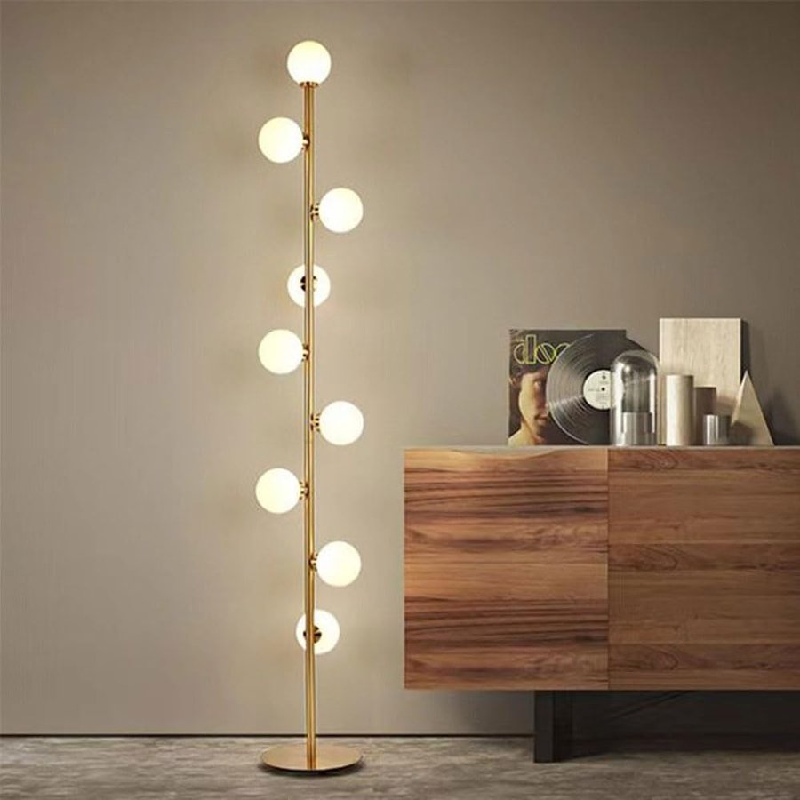 Lampada da Terra Alta in Vetro Bianco Satinato con 9 Sfere Dorate, 64,9" di Luce Verticale Vintage G4 dimmerabile, Decorazione per la casa, per corridoio, Soggiorno, Lettura, Camera da Letto