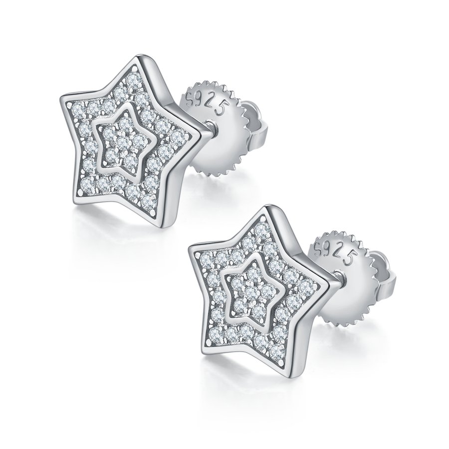 S925 Sterling Silver 52pcs D Color VVS1 Moissanite Star Stud Earrings 11mm Double Pave Screw Back Hypoallergenic 1.7g GRA Certified Gift Box