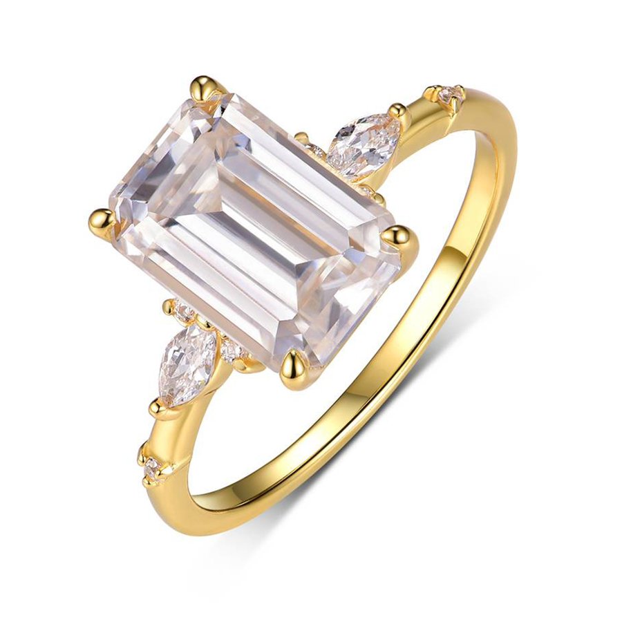 S925 Silver Gold Plated 3.5ct Emerald Cut Moissanite Ring 7x10mm D Color VVS1 Marquise Accents US Size 6-9 GRA Certified Gift Box