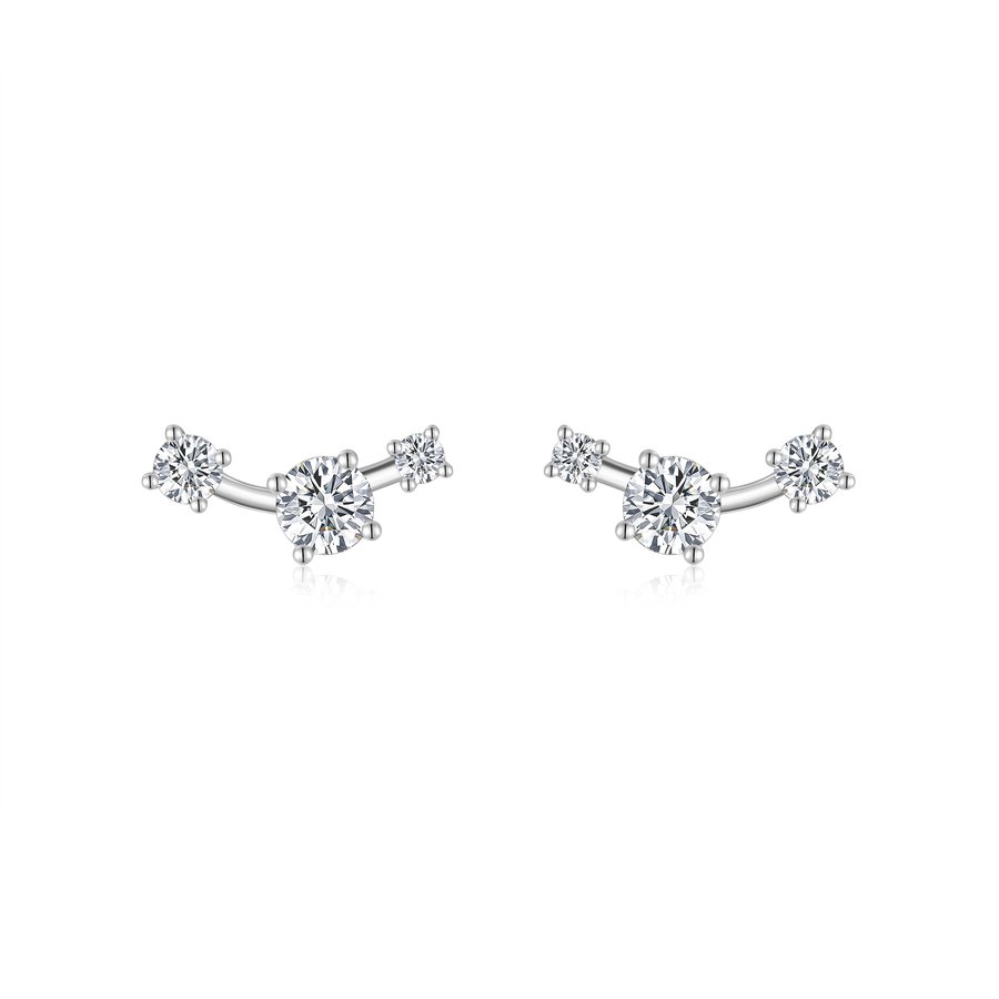 S925 Sterling Silver Three-Stone Curved Stud Earrings, 0.5ct D-VVS1 Moissanite, Platinum Plated 2.1g With GRA Certificate Gift Box