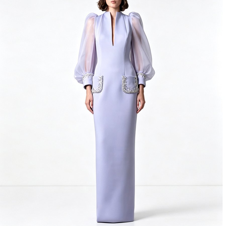 Lavender Organza Puff-Sleeve Crystal-Trim Pocket Column Maxi Evening Gown