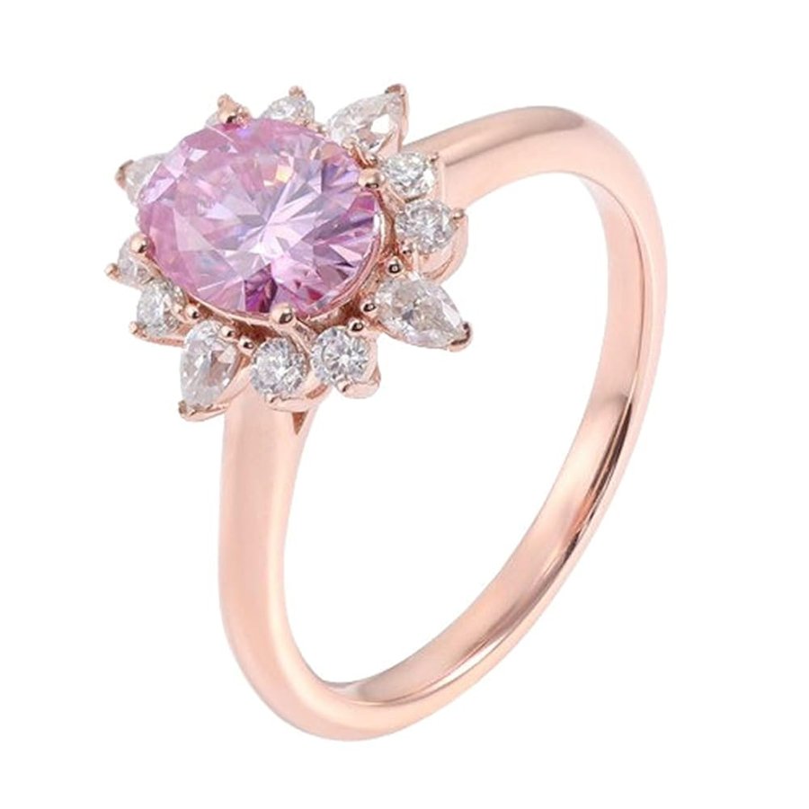 Anelli Donna Fidanzamento, Anelli Amicizia Oro Rosa 14K Fiore Lusso con Zaffiro Rosa Sintetico Ovale da 2ct e Moissanite Anello di Matrimonio Donna Oro Rosa per Promessa
