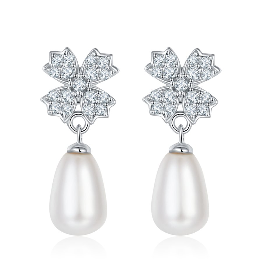 S925 Sterling Silver Natural Freshwater Pearl Dangle Earrings, Clover Pave, Round Teardrop Pearl, Platinum Plated, 2g, Gift Box