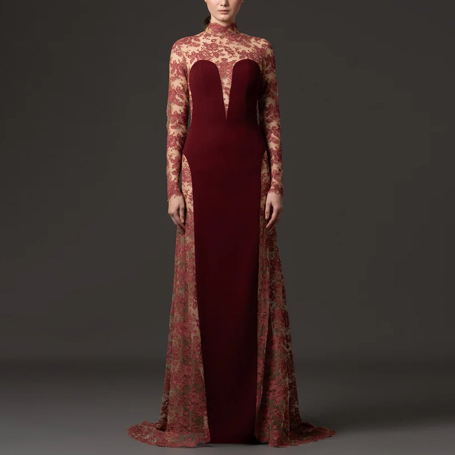 Burgundy Floral Lace High-Neck Long-Sleeve Mermaid Evening Gown
