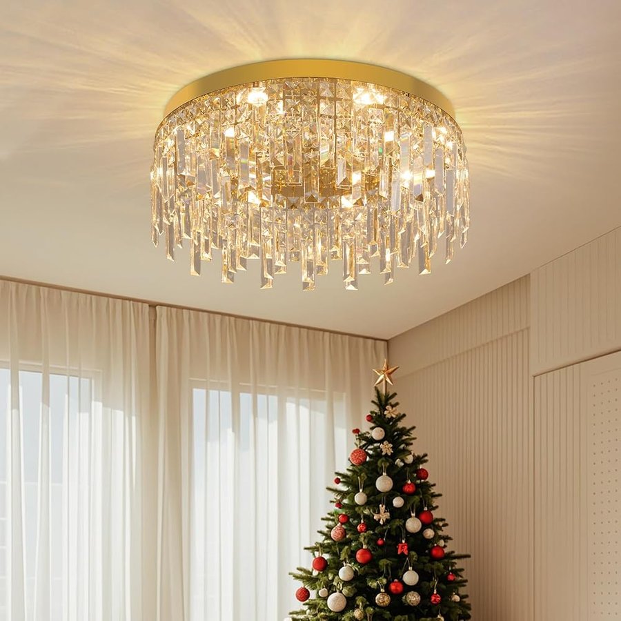 VETRULUS Lampadario Rotondo in Cristallo Oro 50cm – Plafoniera a Filo Soffitto di Lusso per Sala da Pranzo, Camera da Letto, Cucina, Soggiorno