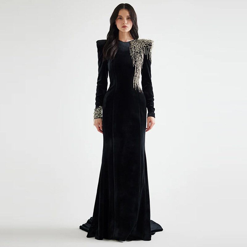 Velvet Long-Sleeve Fringe Beaded Shoulder Mermaid Evening Gown