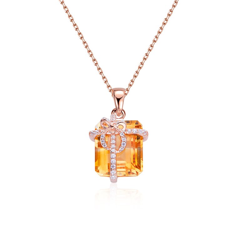 S925 Sterling Silver Gift Box Necklace, 12x10mm Natural Citrine Pendant, Platinum Plated Bowknot Design, 4g Women's Fine Jewelry With Gift Box