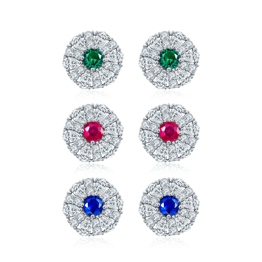 S925 Sterling Silver Cluster Stud Earrings, 3.5mm Lab-Grown Ruby Sapphire Emerald Halo, Platinum Plated 2.2g Women's Jewelry Gift Box