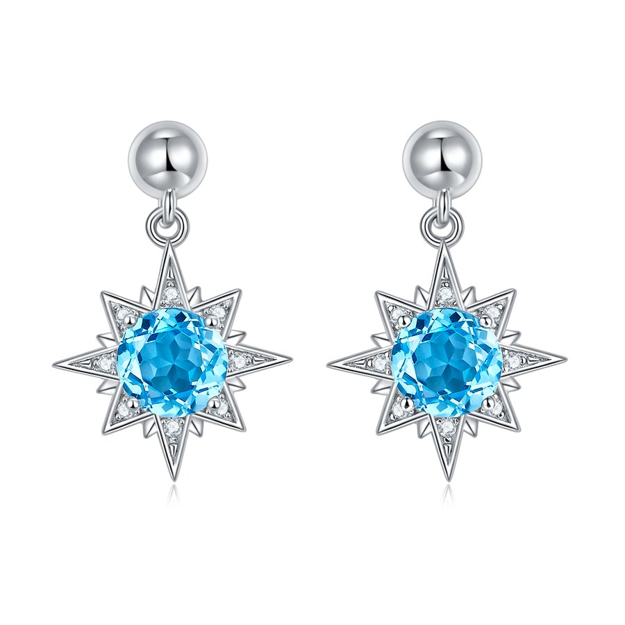 S925 Sterling Silver Star Dangle Earrings, 6mm Natural Blue Crystal, Platinum Plated Drop Earrings For Women, 3.2g, Jewelry Gift Box Set