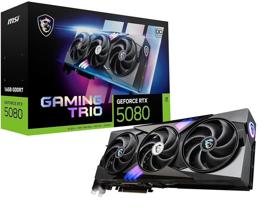 msi GeForce RTX 5080 16G Gaming Trio OC Scheda Grafica, 16GB GDDR7 30Gbps, PCIe 5.0, TRI FROZR 4 con 3 ventole STORMFORCE, RGB, HDMI 2.1b, DisplayPort 2.1b