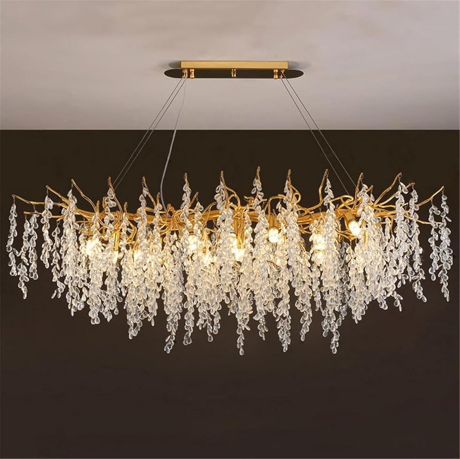 Lampadari moderni in cristallo con rami di albero, lampadari di lusso dorati, lampadari a sospensione a forma di goccia di pioggia, appesi al soffitto con nappa, per sala da pranzo, camera da letto,