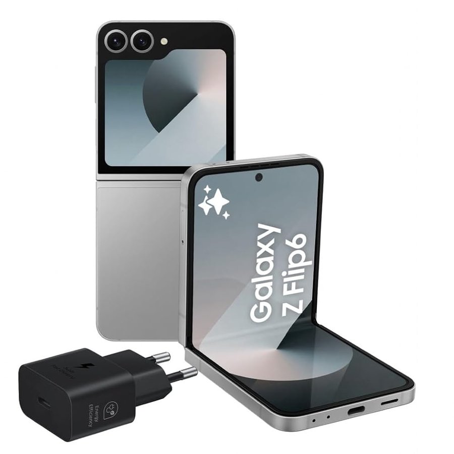 Samsung Galaxy Z Flip6 Smartphone AI pieghevole, Caricatore Incluso, RAM 12GB, 512GB, Dual SIM, Display 3,4" SAMOLED/6,7" Dynamic AMOLED 2X, Fotocamera 50 MP, Silver Shadow [Versione italiana]