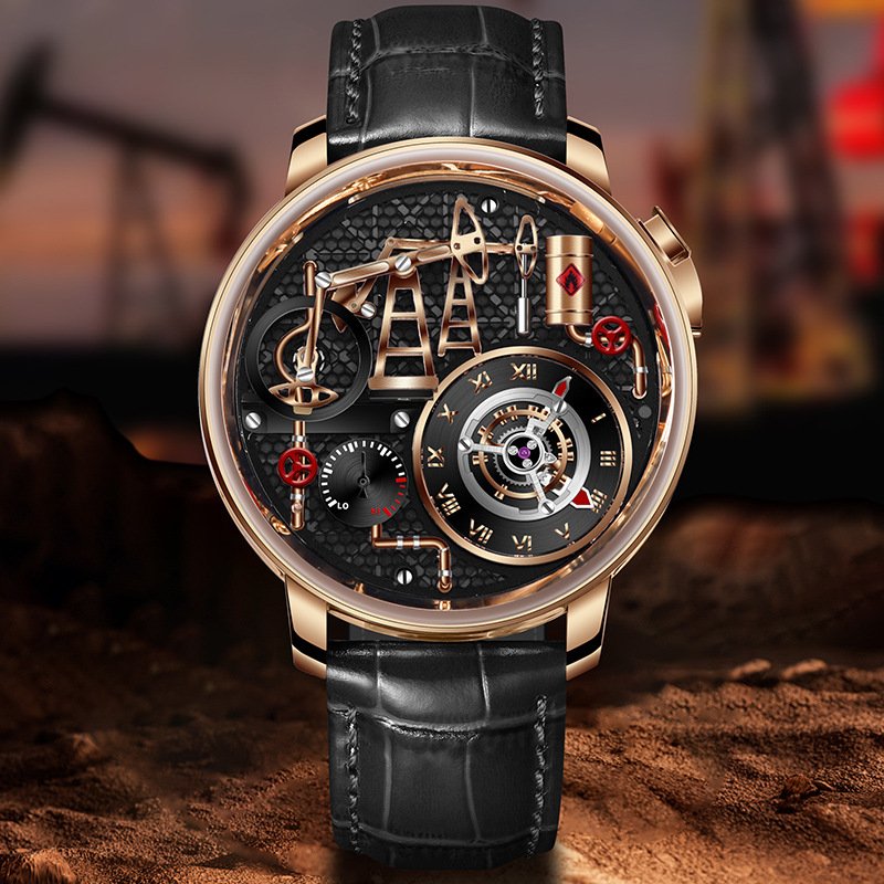 Mens Watch With Oil Pump Movement Stainless Steel Case And Leather Strap