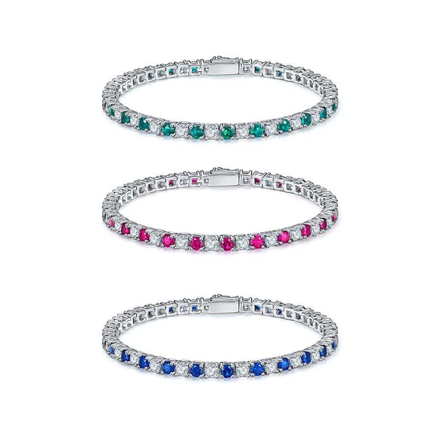 S925 Sterling Silver 3x3mm Lab-Grown Gemstone Tennis Bracelet For Women 16.5cm 8.6g Red Blue Green Options Platinum Plated Gift Box