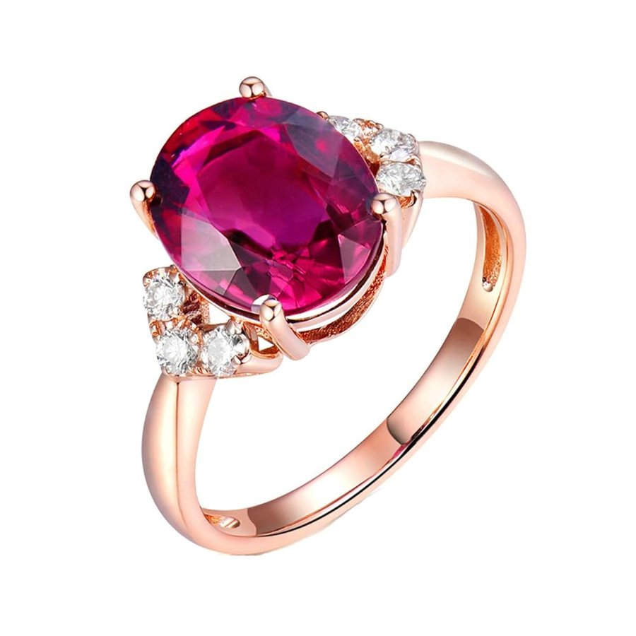 Anello Matrimonio Donna, Anelli Donna Oro Rosa 18K Lusso A 4 Punte 3.76ct Tormalina Ovale con Diamante 0.21ct Anelli Oro Rosa