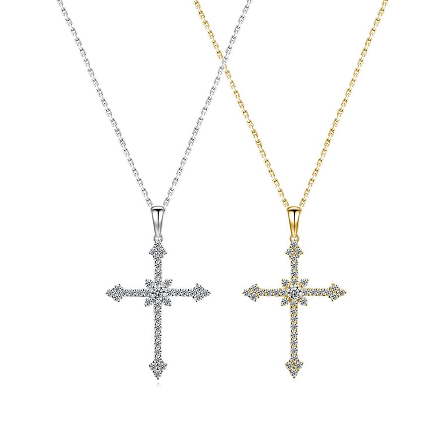 S925 Sterling Silver Pave Cross Moissanite Necklace 3.0mm Center D Color VVS1 40-45cm Silver Gold Dual Tone GRA Certified Gift Box