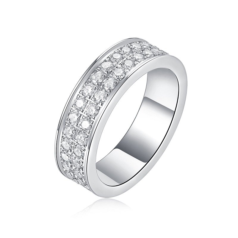 S925 Silver 3.3g Platinum Plated Moissanite Ring, 6.0mm 68pcs D VVS1 Double Row Band, GRA Certified US 5-9