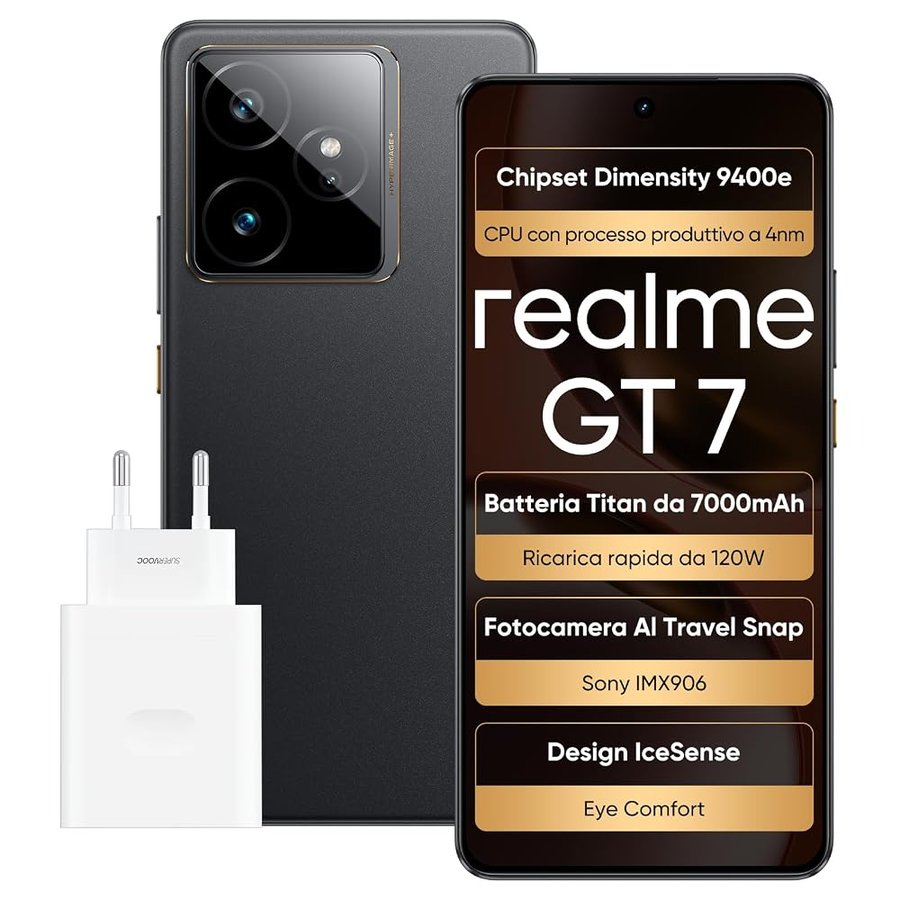 realme GT 7 Smartphone 12+512GB, Display AMOLED 6,8", Chip Dimensity 9400e, Fotocamera 50MP, Batteria Titan 7000mAh, Doppia SIM 5G, Colore Nero, Adattatore compreso