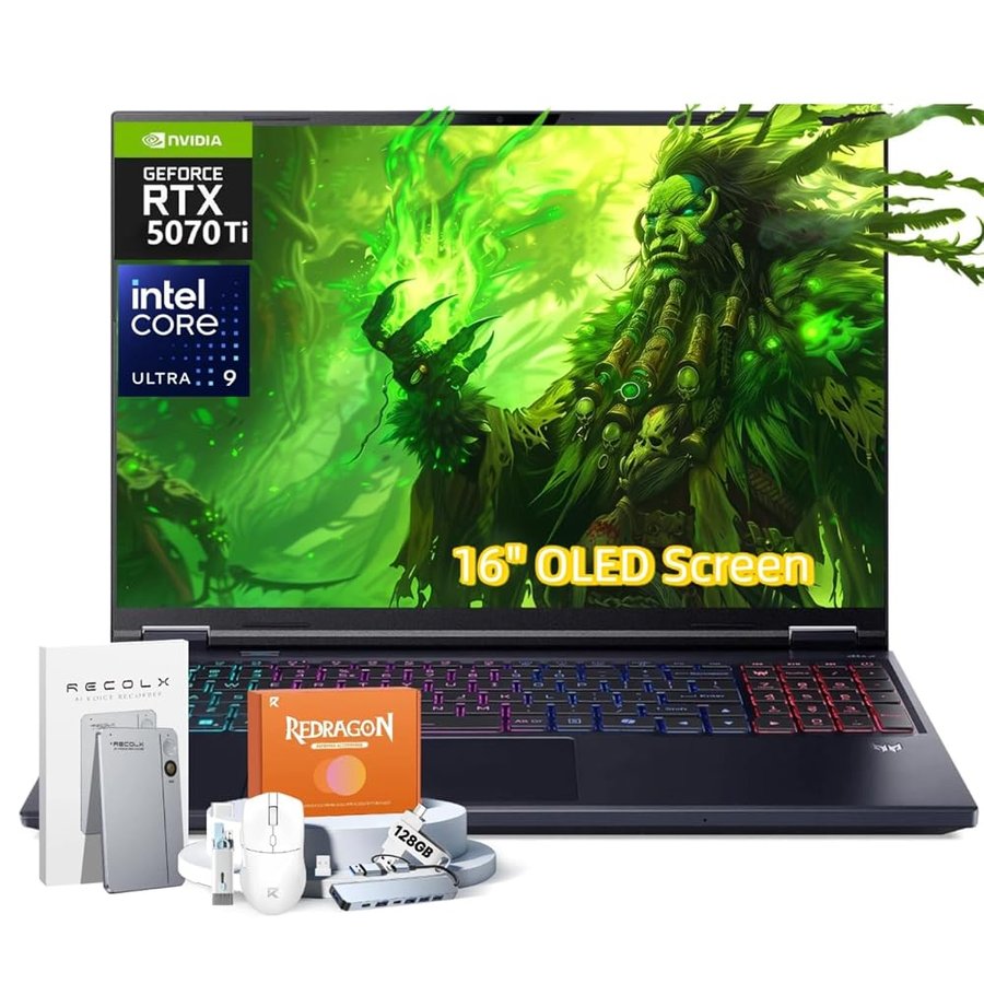 Acer Predator Helios Neo 16S AI Gaming Laptop, Intel Core Ultra 9 275HX Fino a 13 NPU Tops, RTX 5070Ti, 32 GB DDR5, 1 TB SSD, 16" 240Hz OLED, Win11 Pro, W/RECOLX AI Voice Recorder, REDRAGON Accessori
