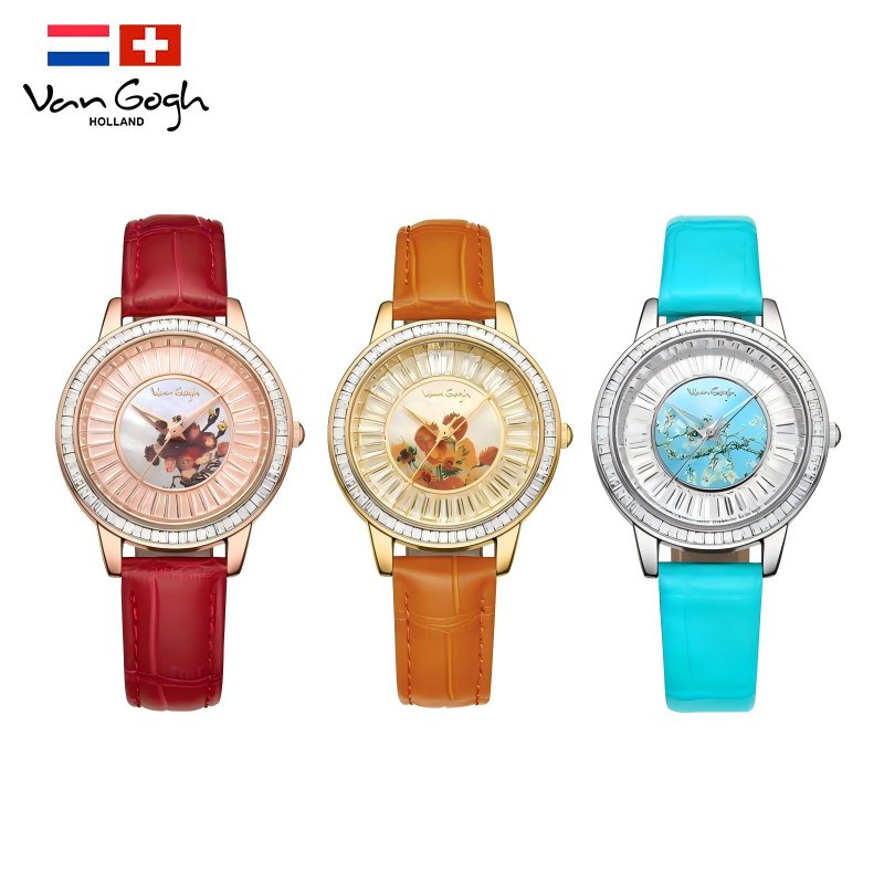 Van Gogh Women's Quartz Watch 3D Printed Oil Painting Dial Full Zirconium Leather Strap Series