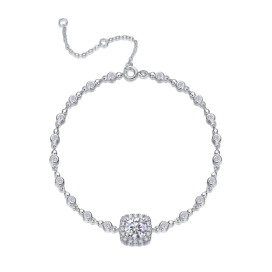 S925 Silver 1ct Cushion Halo Moissanite Bracelet, D VVS1 16&5cm Adjustable, GRA Certified
