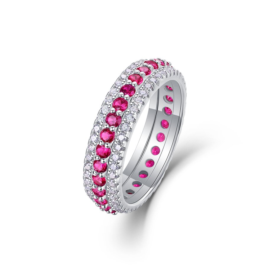 3.6g S925 Sterling Silver 3 Row Pave Ring  Synthetic Ruby Eternity Band, Platinum Plated Promise Ring For Women, Jewelry Gift Box Set