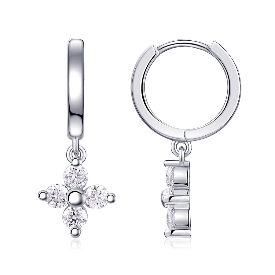 S925 Sterling Silver Clover Drop Earrings, D-VVS1 Moissanite Huggie Dangle, Platinum Plated 3.8g Women's Jewelry Gift Box