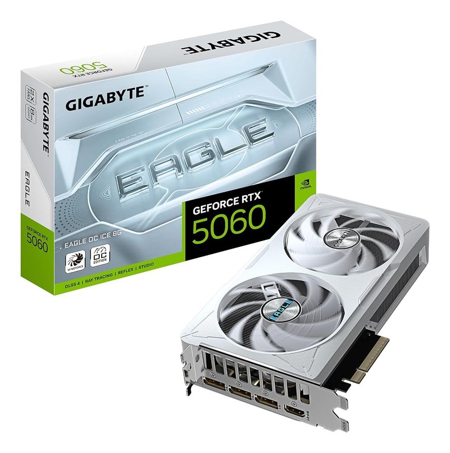 Gigabyte GeForce RTX 5060 EAGLE OC ICE 8G Scheda Grafica - 8GB GDDR7, 128bit, PCI-E 5.0, 2550 MHz Frequenza core, 3 x DisplayPort, 1 x HDMI, GV-N5060EAGLEOC ICE-8GD