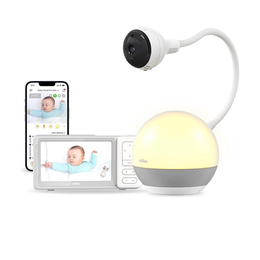 CHILLAX - Baby monitor Video Giraffe Mood Sleep Trainer - LCD HD 5'' - Camera 360° 1080p - Asta flessibile - Apprendimento del sonno e luce notturna multicolore - WalkieTalkie - WiFi On/Off - App