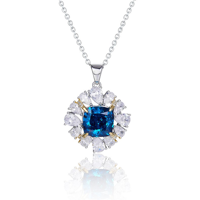 S925 Silver 4g Lab-Created Gemstone Necklace, 10x10mm Cushion Two-Tone Pendant, 40&5cm