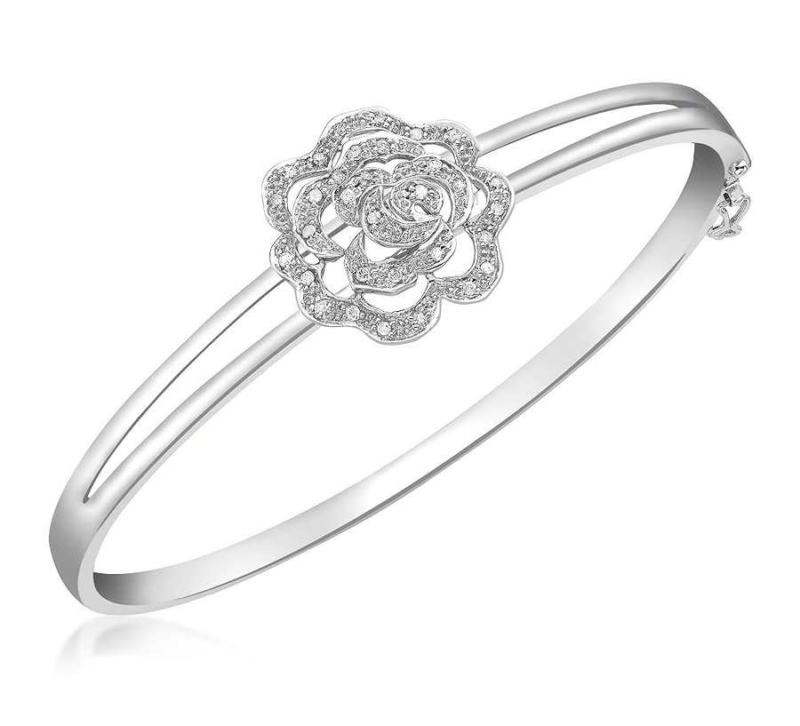 Braccialetto in Oro Bianco 9ct Donna con Tennis di Diamanti da 0.21ct a Forma di Rosa