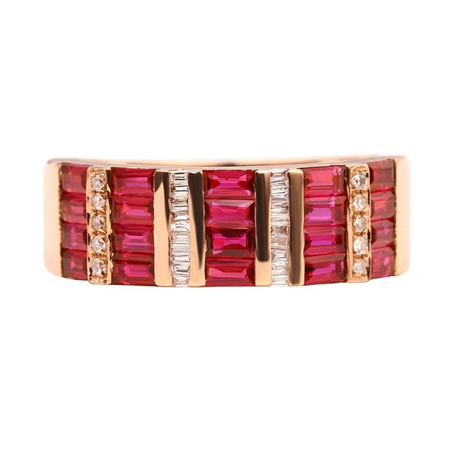 Anello Anniversario Donna, Anelli Fidanzamento Donna Oro Rosa 18K Largo Fila Brillante Lusso con Rubino Sintetico da 1.45ct e Moissanite Anelli per Mamma, Fidanzata, Sposa Oro Rosa