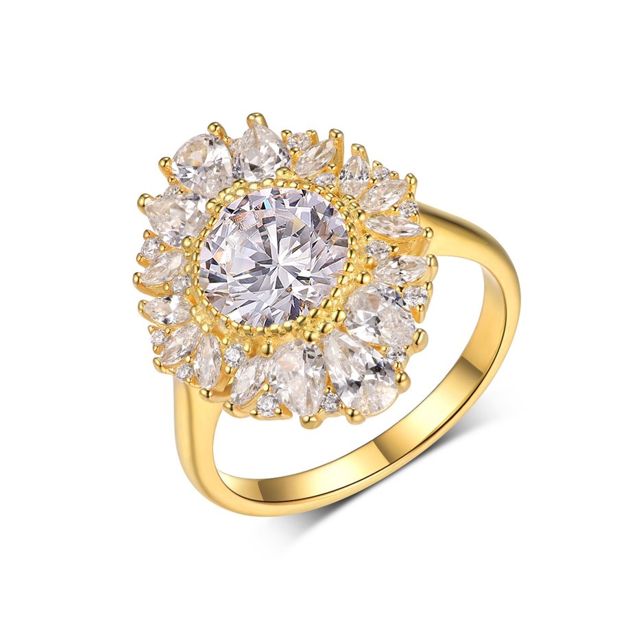 S925 Silver 4.6g Gold Plated Round Moissanite Ring, 8.0mm D VVS1 Sunburst Halo, GRA Certified US 6-9