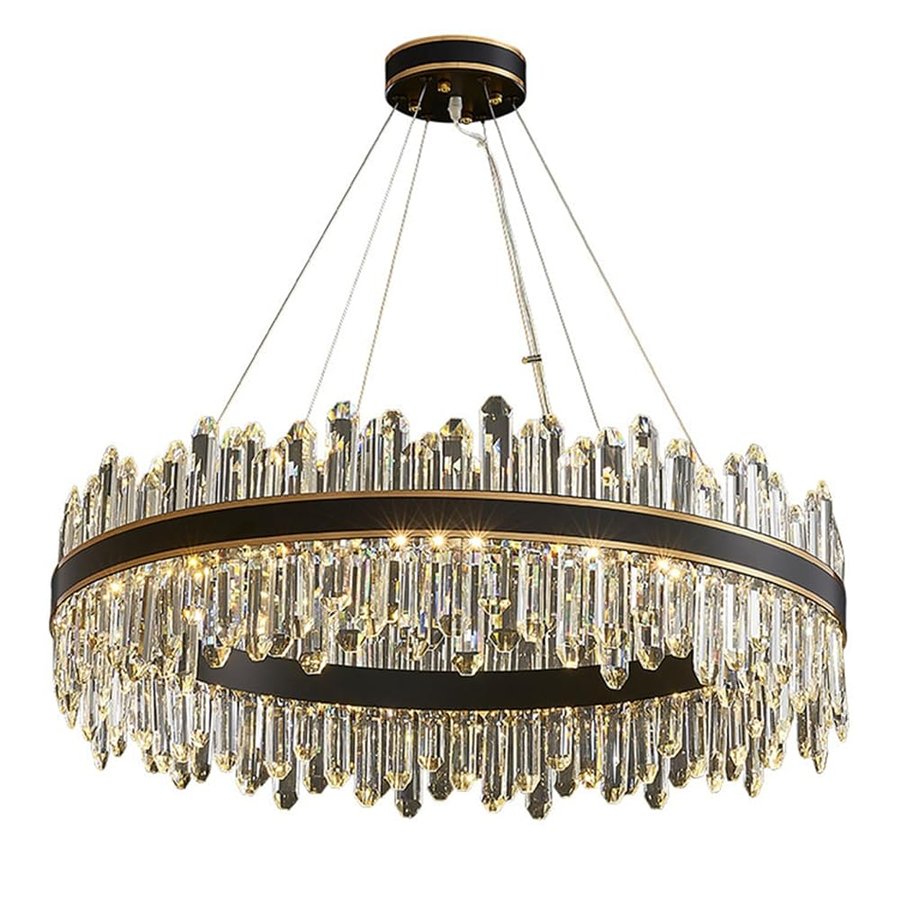 Lampadario moderno in cristallo nero, lampadario di cristallo di lusso a 2 livelli, lampadario rotondo regolabile per soggiorno, sala da pranzo, cucina, isola, camera da letto, diametro 23,6