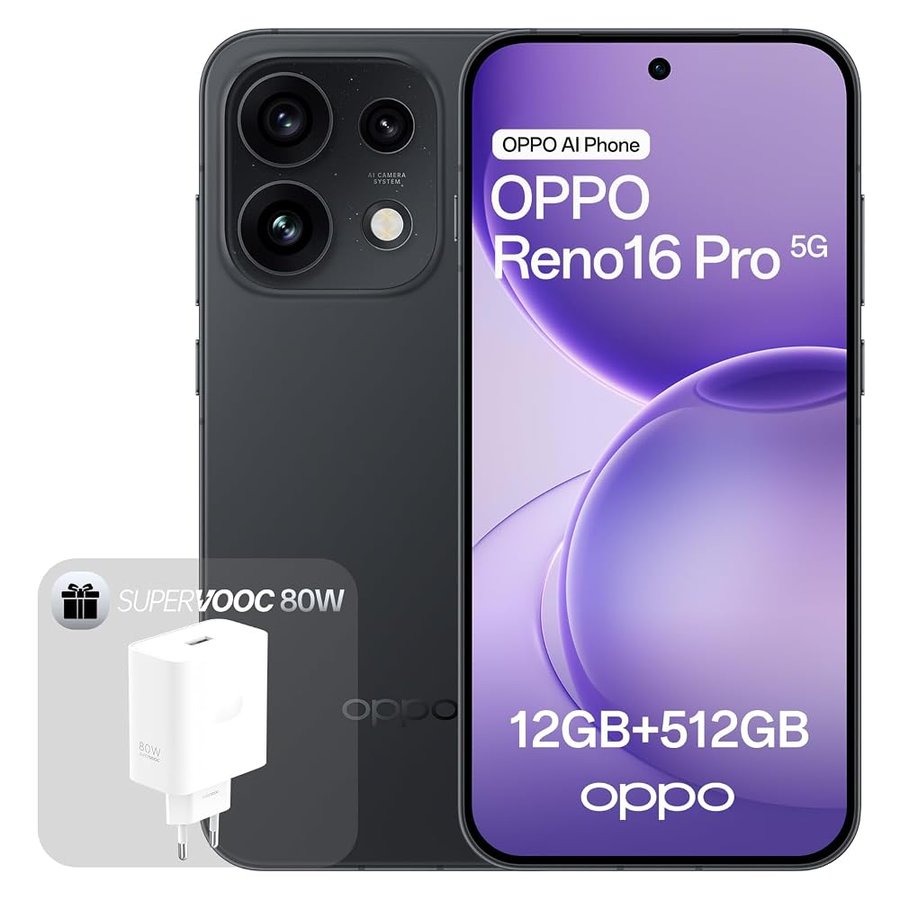OPPO Reno16 Pro 5G Smartphone Sbloccato, 12+512GB, Quad Camera 200MP, Video Stabile 4K, Display AMOLED 6.32" 120Hz, 6000mAh, MediaTek Dimensity 8550, IP69K, Black (Caricatore 80W SUPERVOOC Incluso)