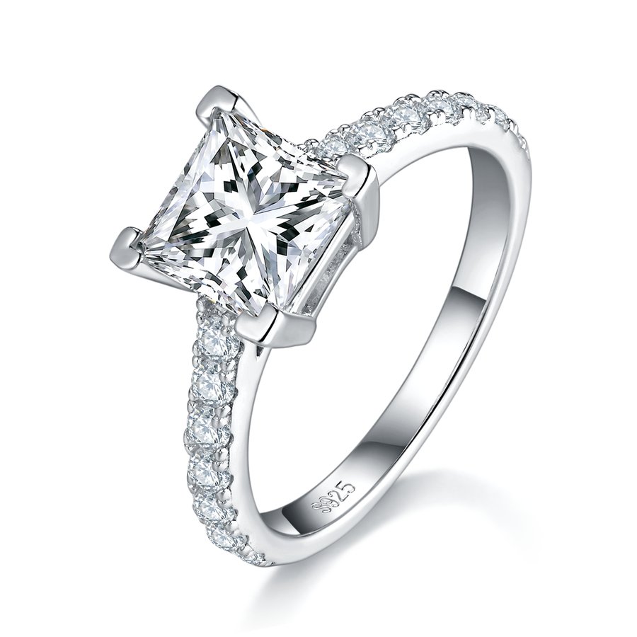 S925 Sterling Silver 2ct Princess Cut Moissanite Ring, 7x7mm D-VVS1 Pave Band, Platinum Plated US Sizes 5-9, GRA Certificate Jewelry Gift Box