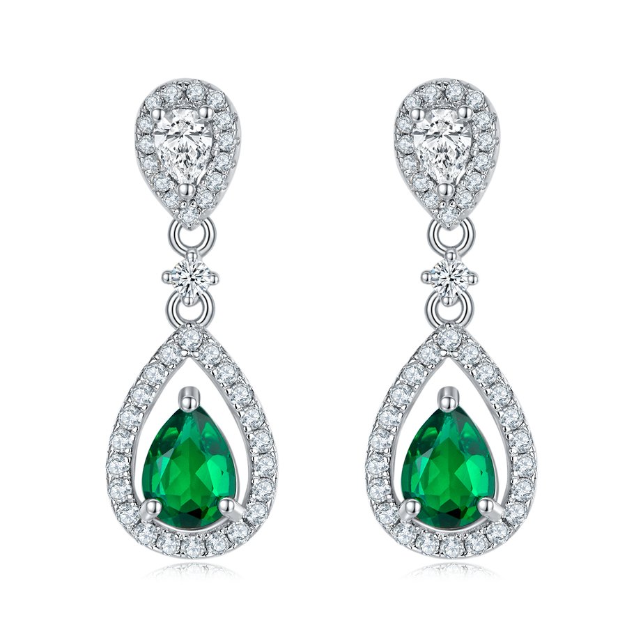 S925 Silver 3.5g Platinum Plated 1.6ct Lab-Created Emerald Drop Earrings, 7x5mm Pear Cut, Pair