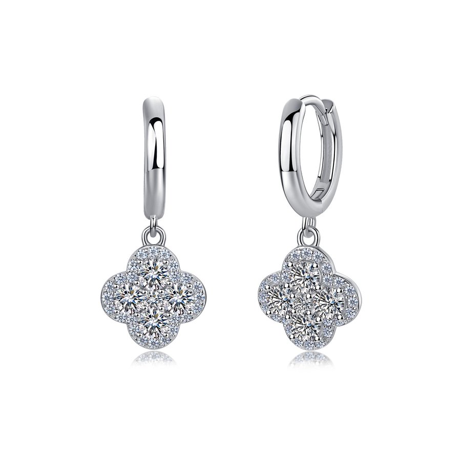 S925 Sterling Silver Four-Leaf Clover Hoop Earrings, D-VVS1 Moissanite Cluster Drop Earrings, Platinum Plated 2.9g Women's Jewelry Gift Box