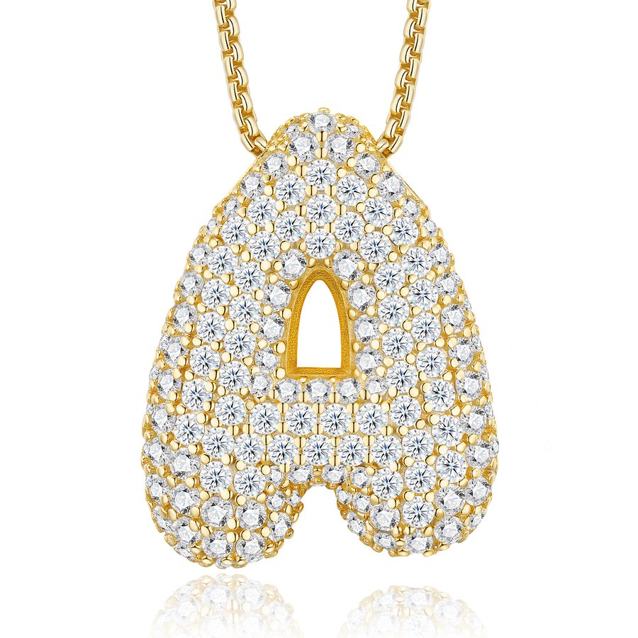 S925 Sterling Silver Gold Plated Initial Necklace For Women  D Color VVS1 Moissanite Bubble Letter Pendant With GRA Certificate Heavy Solid Personalized Birthday Gift Box Set A-Z