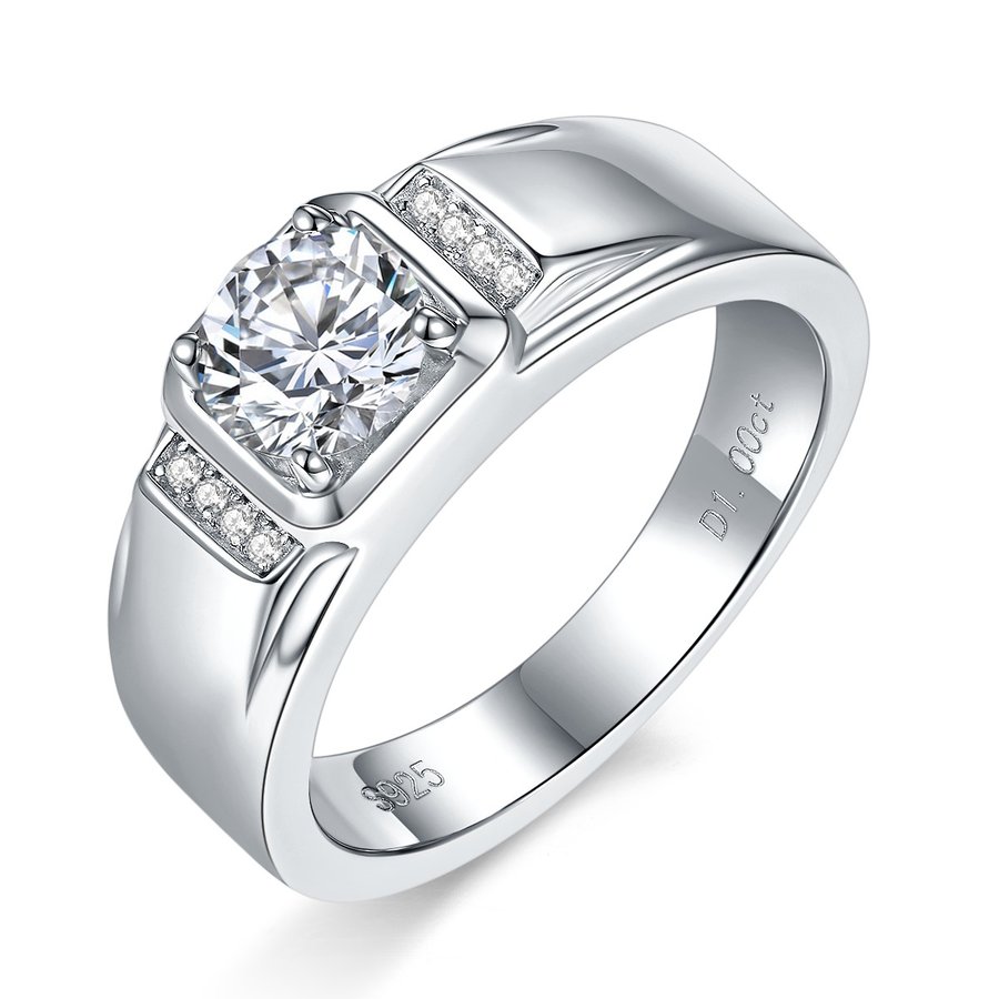 S925 Sterling Silver 1ct Moissanite Men's Ring, D-VVS1 Wide Band With Side Stones, Platinum Plated US Sizes 5-9, GRA Certified Gift Box