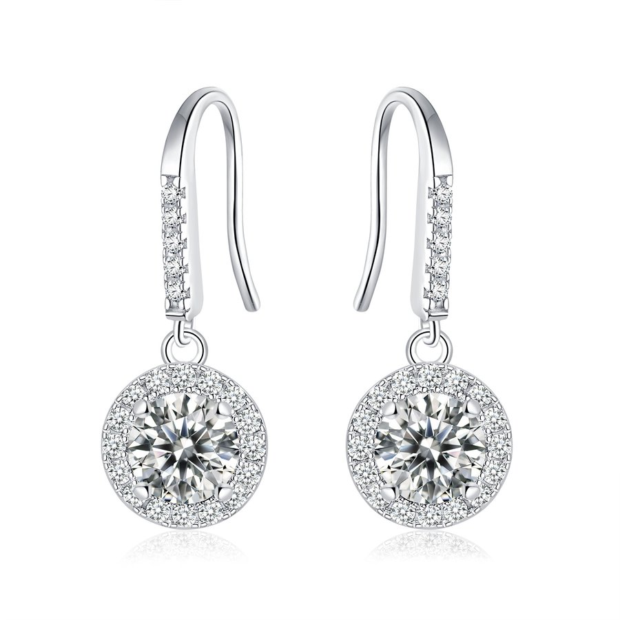 S925 Sterling Silver Moissanite Halo Dangle Earrings 0.5 Or1CT  Platinum Plated Long Hook Drop Earrings With GRA Certificate, Jewelry Gift Box Set For Women