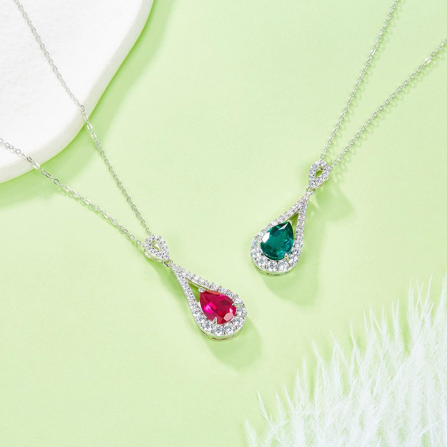 S925 Sterling Silver Teardrop Pendant Necklace, 11x7mm Lab-Grown Ruby & Emerald, Platinum Plated 45cm, 3.7g Women's Jewelry Gift Box