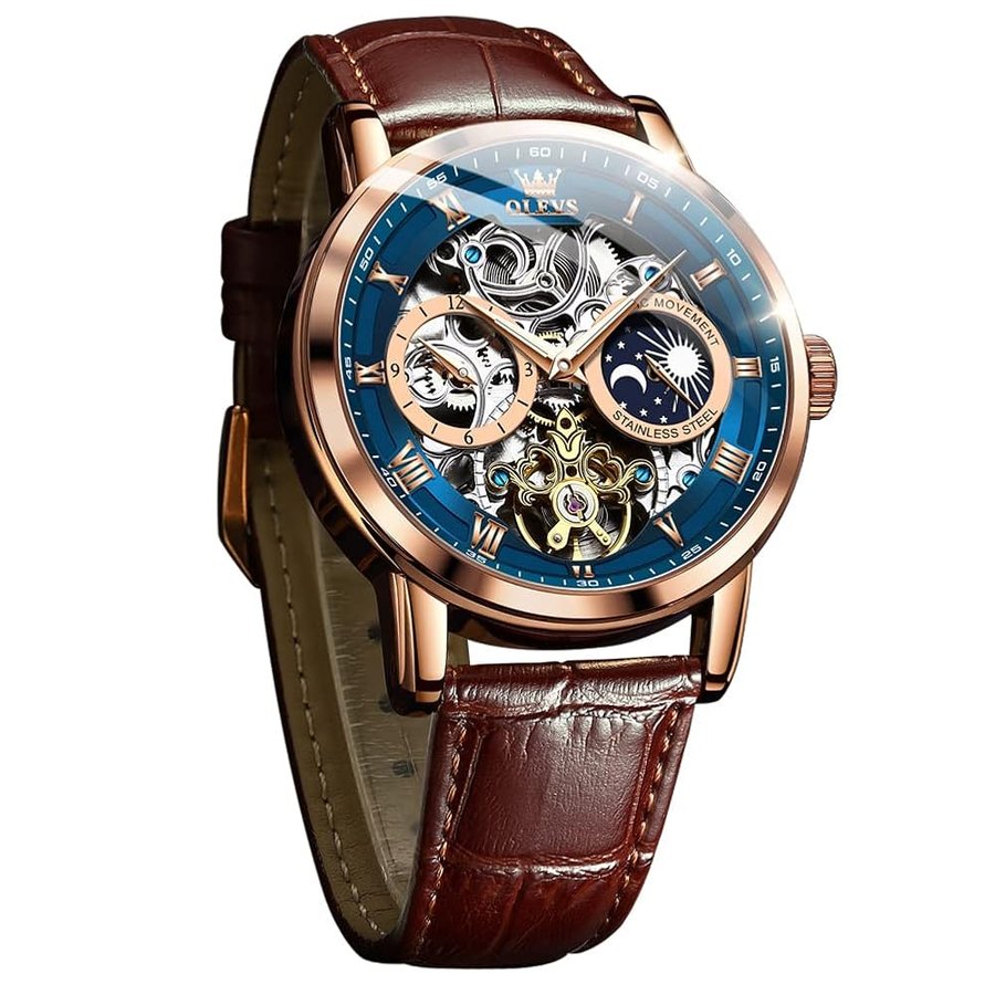 Orologio da polso da uomo con scheletro a carica automatica, con fasi lunari, cinturino in pelle di lusso, impermeabile, luminoso, Marrone e blu.
