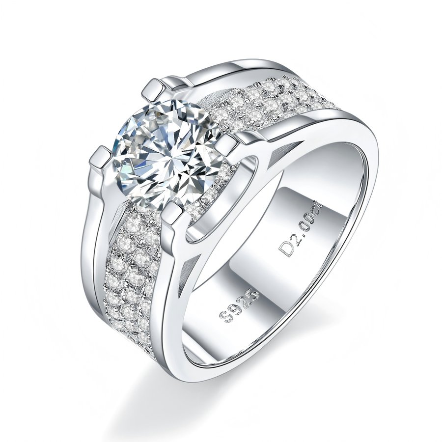S925 Sterling Silver Wide Band Moissanite Ring, 1&2ct D-VVS1 Split Shank Pave Design, Platinum Plated US Sizes 5-9, GRA Certified Gift Box