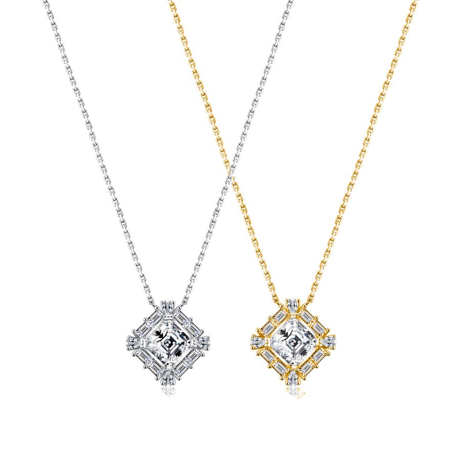 S925 Sterling Silver 7x7mm Square Moissanite Necklace 40-45cm D Color VVS1 Geometric Cluster Silver Gold Dual Tone GRA Certified Gift Box