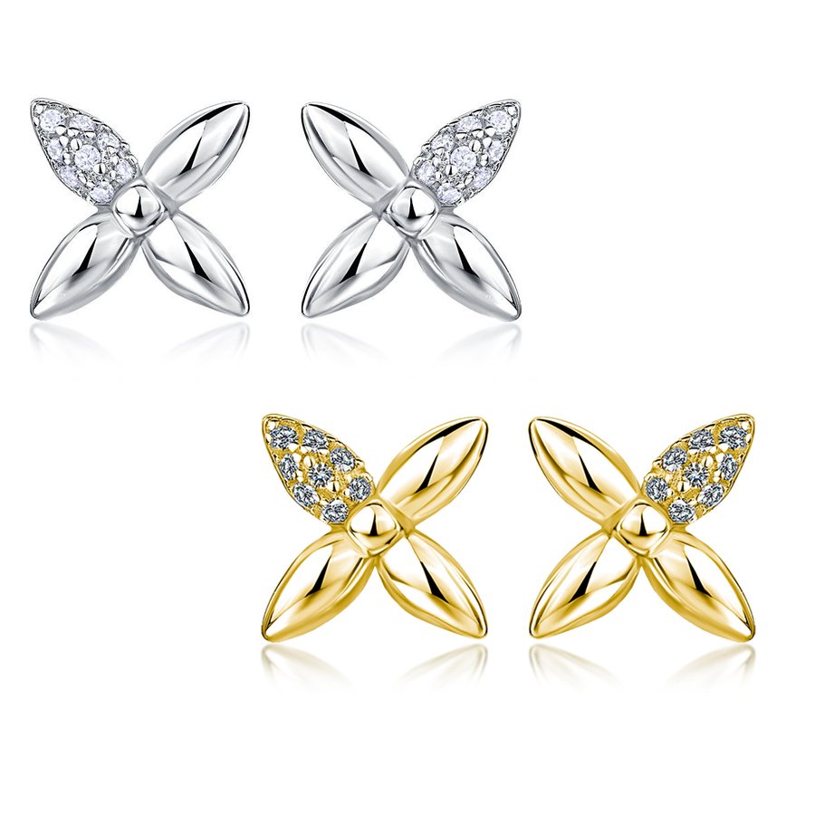 S925 Sterling Silver Four Leaf Stud Earrings, D-VVS1 Moissanite Pave Petal, Platinum Plated 2.1g Elegant Women's Jewelry Gift Box