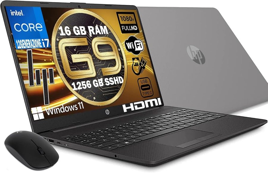 HP Notebook 250 G9 MODELLO 2023, Pc portatile Grey, Intel Core i7 1255U 12Th Gen 4,7Ghz, Ram 16Gb, SSD 1256Gb, Display 15.6" Full HD, Win 11 Pro, Libre Office, computer pronto utilizzo, MOUSE OMAGGIO