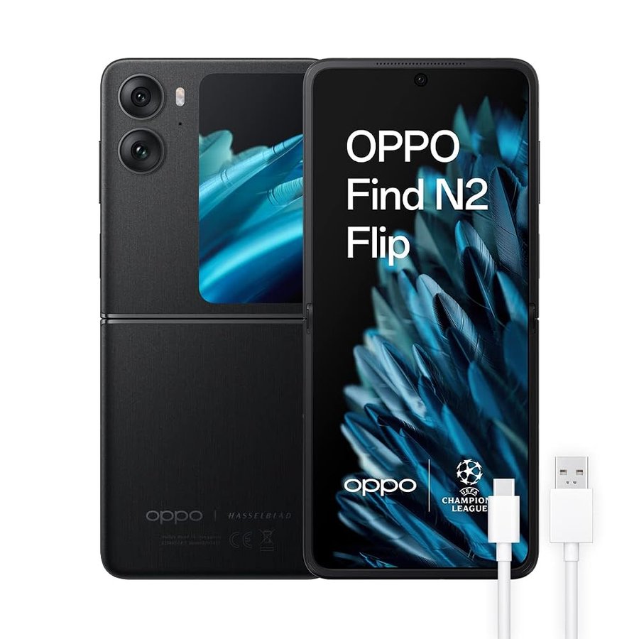 OPPO Find N2 Flip, telefonino pieghevole 8 GB+256 GB, fotocamera 50+8 MP, schermo esterno grande, batteria 4300 mAh, ricarica rapida SuperVOOC 44 W, Dual Nano SIM - Nero