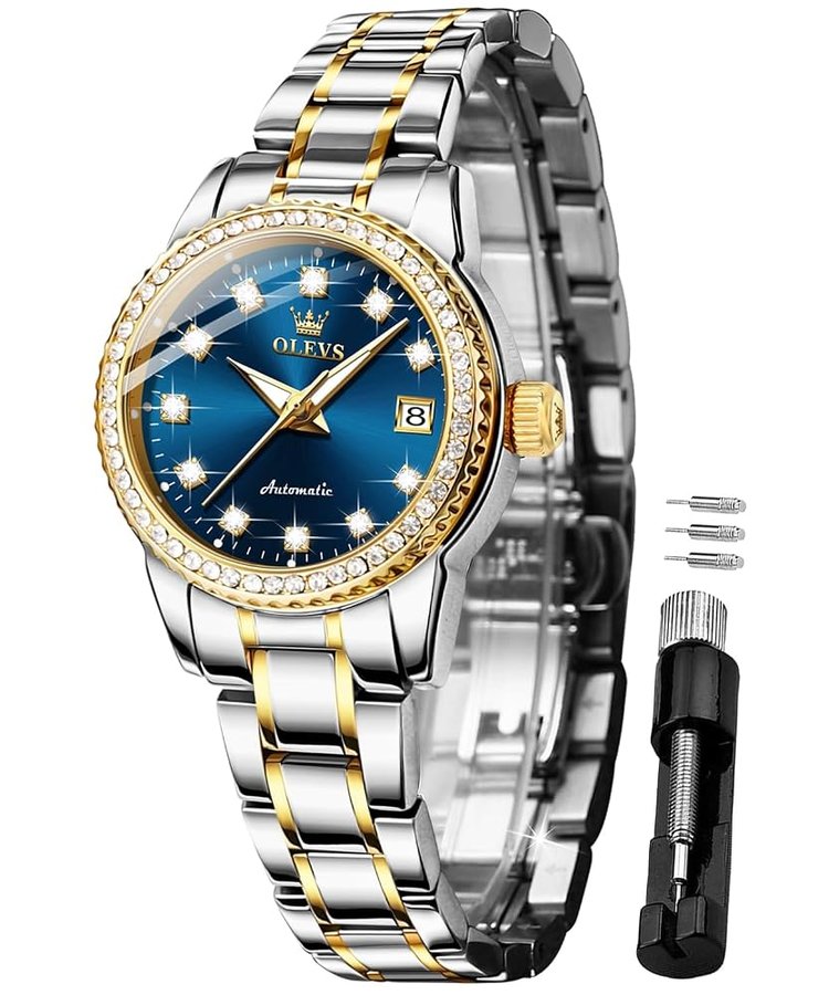 Orologio da polso da donna meccanico automatico, di lusso, classico, a carica automatica, in acciaio inox, orologio da polso da donna (oro/blu/nero/quadrante bianco)